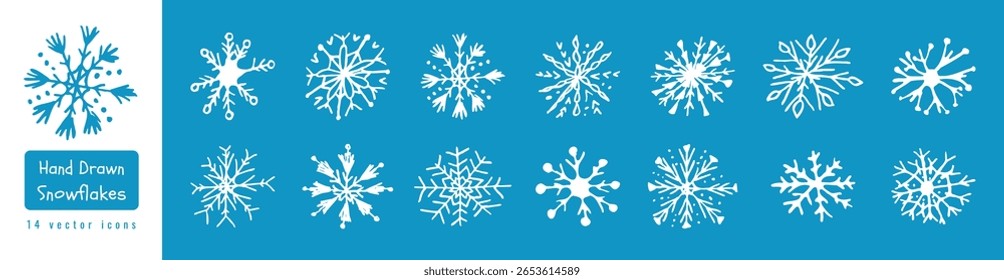Conjunto de copos de nieve dibujados a mano. Iconos blancos de la nieve del doodle. Dibuja un estilo grunge. Navidades Nuevo año naive elemento de decoración. Signo de la naturaleza del invierno. Clima de temperatura fría. Ilustración vectorial