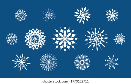 Copos de nieve dibujados a mano. El copo de nieve aislado en el fondo blanco. Ponga copos de nieve para las impresiones de invierno de diseño. Dibujo de la colección Ice Crystal Tink freehand. Hand dibujó Snowflake. Vector