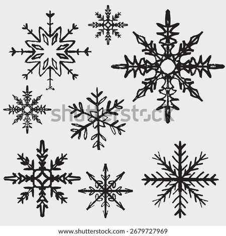 Hand drawn snowflakes. Vector sketch illustration in vintage crayon textured style. Winter symbols, Christmas decorations