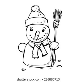 Hand drawn snowman with a broom in hand. vector cartoon illustration