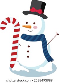 Hand drawn snowman with candy cane, wearing blue stripped scarf and hat in the winter for christmas decoration vector flat illustration
