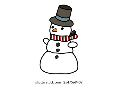 Personagem boneco de neve desenhado à mão. Natal bonitinho de neve de inverno no cachecol de ano novo e chapéu. Personagem infantil de desenho animado. Ilustração de vetor de estoque isolada em um fundo branco.