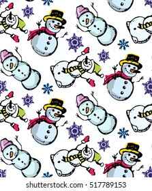 Hand drawn snowman doodle seamless pattern background