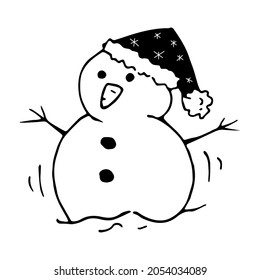 Hand drawn snowman in hat. Cute vector doodle illustration with snowman. Black and white clipart.