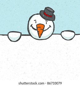 Hand drawn Snowman hold blank banner. Vector background eps 10.