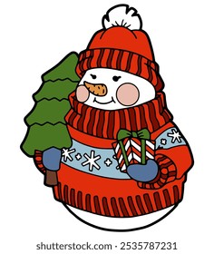 Muñeco de nieve dibujado a mano. Aislado en blanco. Dibujo infantil. Ilustración vectorial.