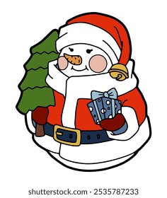 Hand drawn snowman. Isolated on white. Children's drawing. Vector illustration.