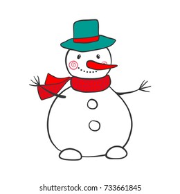 Hand drawn Snowman isolated on white background. Cartoon style. Winter symbol. Christmas concept. Vector illustration.