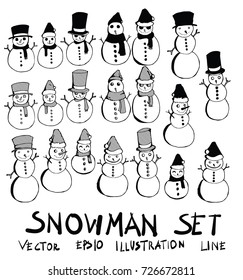 Hand drawn snowman isolated. Vector sketch black and white background illustration icon doodle