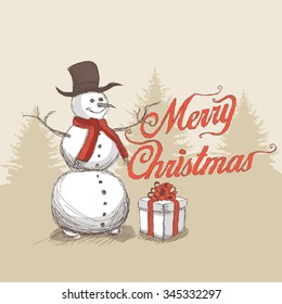 hand drawn snowman, with merry christmas lettering