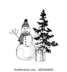 Hand drawn snowman with present over Christmas tree. Vector illustraton in retro style