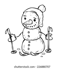 Hand drawn snowman vector cartoon illustration. Cross country skier