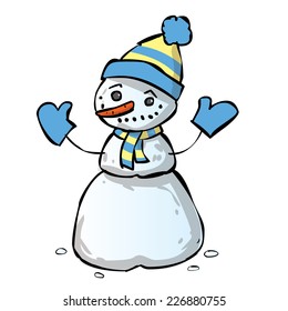 Hand drawn snowman vector cartoon illustration. Happy smiling.