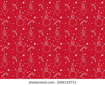 Hand drawn snowmen seamless pattern in doodle style on red background. Christmas, winter, New Year vector illustration design for prints, banners, backgrounds, cards, fabrics, wallpapers