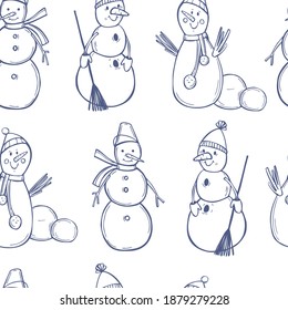 Hand drawn snowmen. Vector  seamless pattern.