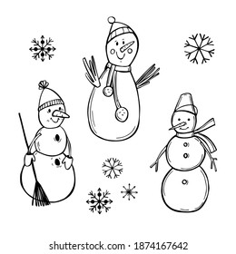 Hand dibujó hombres de nieve. Ilustración de esbozo de vector