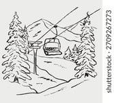Hand drawn snowy alpine landscape with ski lift and pine trees, ideal for winter tourism themes. Vector sketch illustration in vintage crayon charcoal style