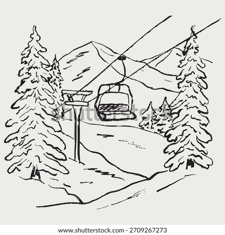 Hand drawn snowy alpine landscape with ski lift and pine trees, ideal for winter tourism themes. Vector sketch illustration in vintage crayon charcoal style