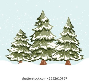 Hand drawn snowy Christmas trees in a serene winter landscape with falling snowflakes vector illustration