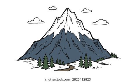 Hand drawn snowy mountain landscape featuring coniferous trees and winding road scenery for graphic design projects