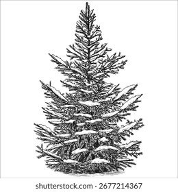 Handgezeichneter verschneiter Fichtenbaum. Vektorgrafik.
