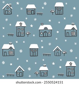 Hand drawn snowy villages on winter seamless pattern. Christmas night village houses vector illustration. 