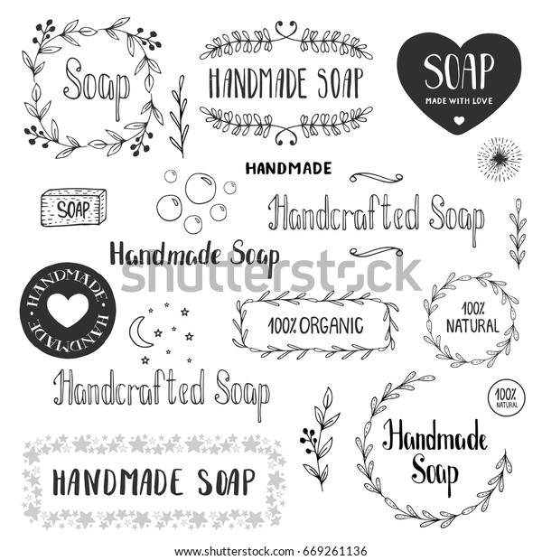 Hand drawn soap\
labels. Vector. Isolated.