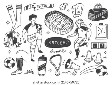 Hand Drawn Soccer Ball Championship and Equipments Doodle Vector Illustration