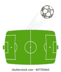 hand drawn soccer ball flying over stadium. vector illustration