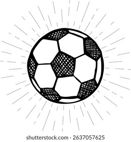 Hand drawn of soccer ball with sunburst background, vector illustration
