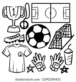  Hand drawn soccer elements doodle set