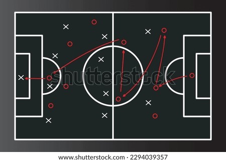Hand drawn soccer game scheme, Soccer strategy, football game tactic drawing on blackboard.
Learning diagram with arrows and players on blackboard, vector illustration.