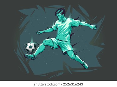 Hand Drawn Soccer Player Kicking Football Banner on Dark Background. Male Football Player Illustration for Banner Design