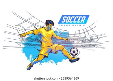 Hand Drawn Soccer Player Kicking Football Banner on Stadium Background. Male Player Illustration on White Background for Sports Banner Design.