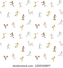 Hand drawn soccer player seamless pattern. Colorful football player silhouette on white background. Vector illustration.