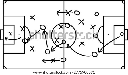 Hand drawn soccer tactical strategy plan featuring various player positions and movement arrows on a simple white background field layout