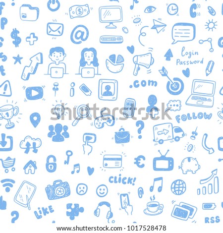 Hand drawn Social Media, digital marketing, internet network  seamless pattern. Doodle and sketch style icons.