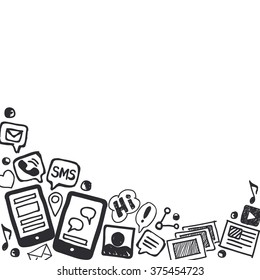Hand drawn social media doodle background in black and white with empty space for text. Optimized for one click color changes. EPS8 vector illustration.