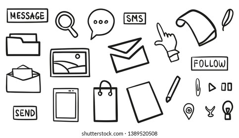 Hand drawn social media elements. Abstract signs on white. Black and white illustration. Symbols for design