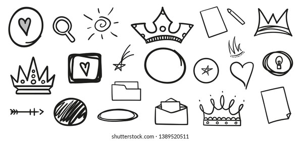Hand drawn social media elements. Abstract signs on isolated white. Black and white illustration. Symbols for design