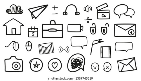 Hand drawn social media elements. Abstract signs on white. Black and white illustration. Symbols for your design