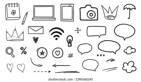 Hand drawn social media elements on white. Abstract signs. Black and white illustration. Sketchy symbols