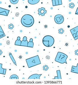 Hand drawn social media elements. Seamless pattern.