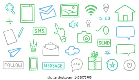 Hand drawn social media elements on white. Abstract signs. Colorful illustration. Sketchy symbols
