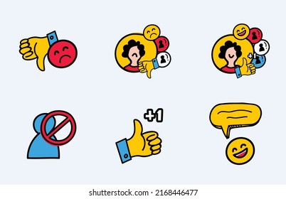 Hand drawn social media icons vector. smile face, comment icon, like, dislike, Emoji Feeling Faces Vector, Communication Chat Elements in yellow ball bubble 2D face, girl, heart, band icon.