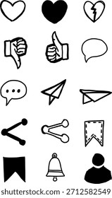 Hand drawn social media interface icon set. Rough marker sketch like, heart, share, comment, and profile symbols. Isolated on white background.