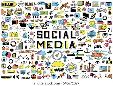 Hand Drawn Social Media Objects Set. Collection Signs and Symbols Doodles Elements.