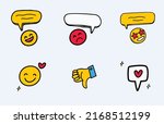 Hand drawn social media reactions vector. smile face, comment icon, like, dislike, Emoji Feeling Faces Vector, Communication Chat Elements in yellow ball bubble 2D face, heart icon all in hand draw .
