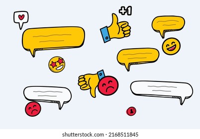 Hand drawn social media reactions vector. smile face, comment icon, like, dislike, Emoji Feeling Faces Vector, Communication Chat Elements in yellow ball bubble 2D face, heart icon all in hand draw .