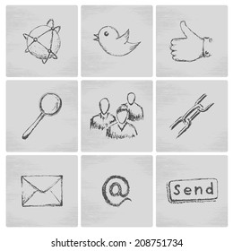 Hand drawn social network icons with links twitter bird mail like hand chain links people chat global network  and other